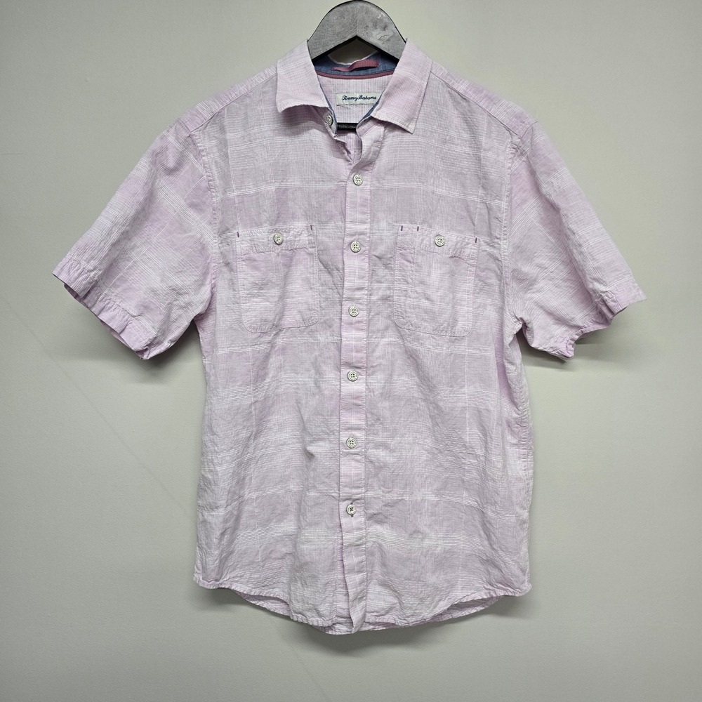 Tommy Bahama Shirt Mens M Pink Cotton Linen Plaid Short Sleeve Relaxed Coastal